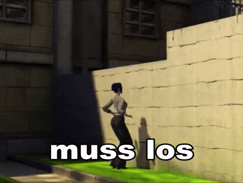 a cartoon of a woman jumping over a wall with the words muss los written below her