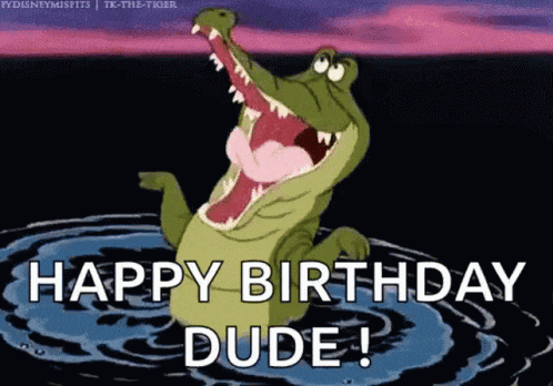 a cartoon of a crocodile with its mouth open saying happy birthday dude .