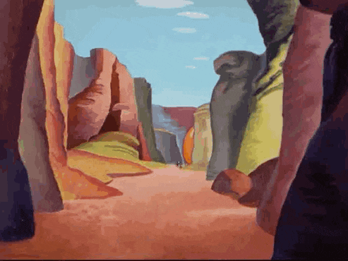 a painting of a canyon with a person walking down it