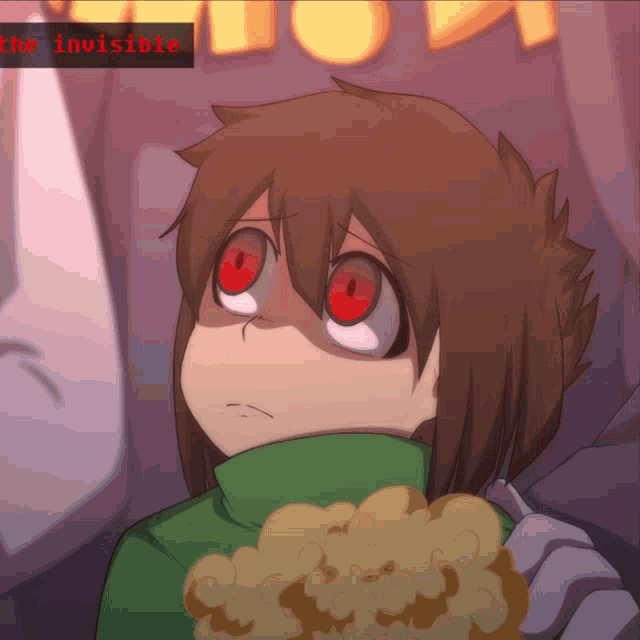 a little girl with red eyes is holding a piece of popcorn in front of a sign that says " the invisible "