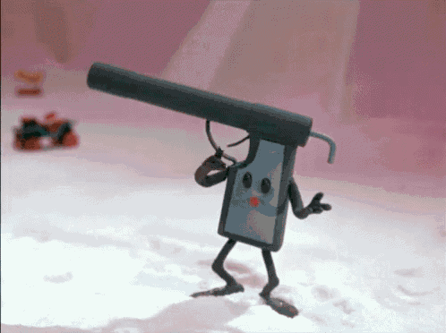 a cartoon character is holding a gun with a red nose