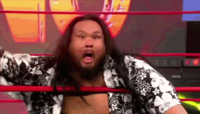 a wrestler with long hair is standing in a wrestling ring with his mouth open .