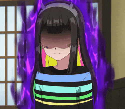 a girl in a striped shirt with a purple background