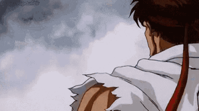 a man in a white shirt is standing in front of a cloudy sky in a cartoon .