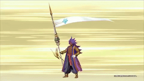 a man with purple hair is holding a flag and a sword in a video game .