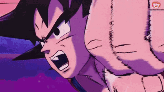 a close up of a cartoon character with a purple background that says ' goku animation ' on the bottom