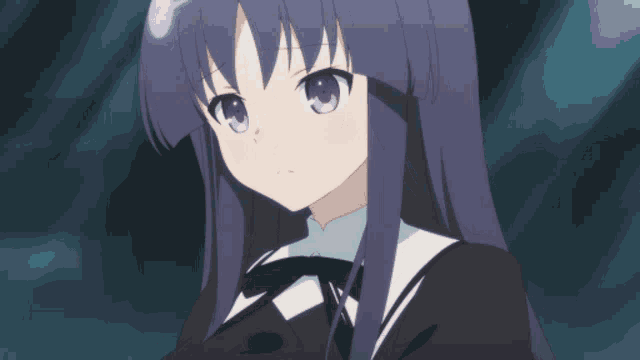 a girl with purple hair and pink eyes is wearing a black and white uniform