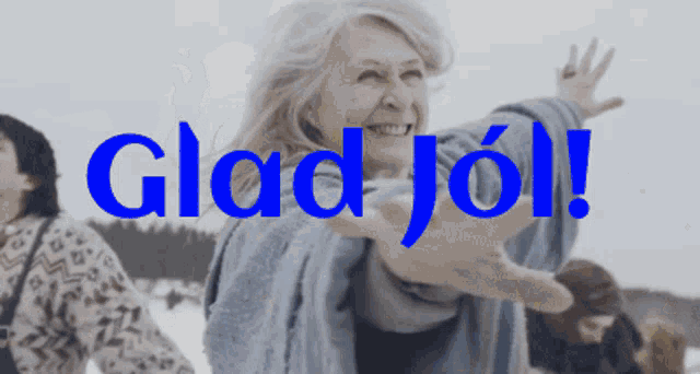 an older woman is smiling in front of a sign that says glad joll