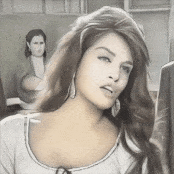 a drawing of a woman 's face with a man in the background