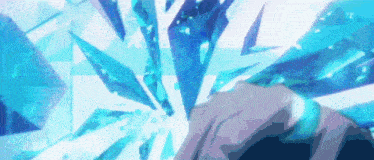 a person is standing in front of a blue background with a lot of pieces of ice coming out of it
