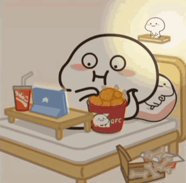 a cartoon character is eating a bucket of qfc