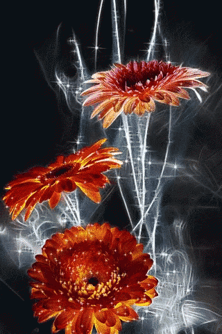 a painting of three flowers with smoke coming out of them