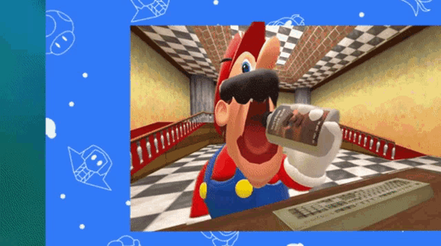 a cartoon of mario drinking from a bottle with a picture of a man on it