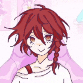 a pixel art drawing of a girl with red hair and brown eyes