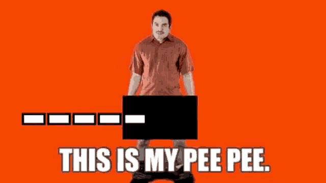 a man in a red shirt is standing in front of a black box that says `` this is my pee pee '' .