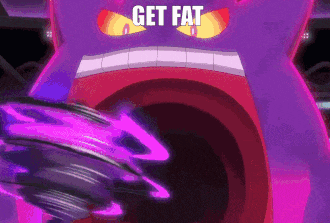 a purple monster with the words get fat written on its face