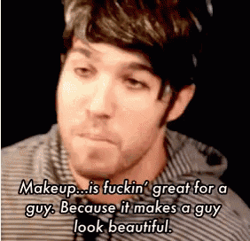 a man in a striped shirt says " makeup is fuckin ' great for a guy because it makes a guy look beautiful "