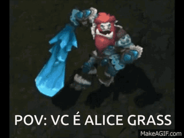 a video game character holding a sword with the words pov : vc e alice grass