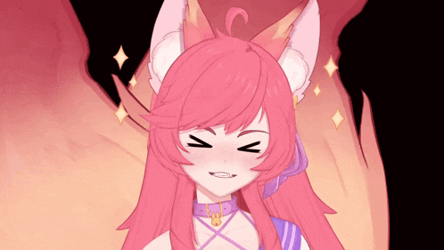 a cartoon girl with pink hair and white ears is making a funny face