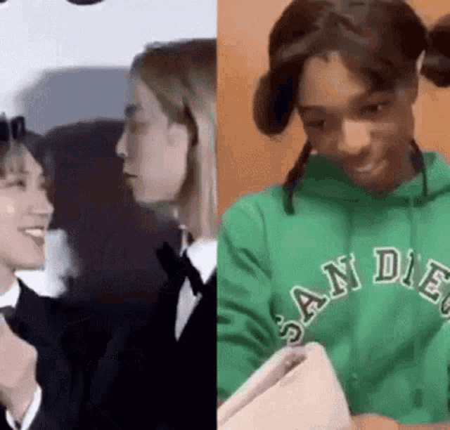 a man in a tuxedo and a woman in a green san diego hoodie are standing next to each other .