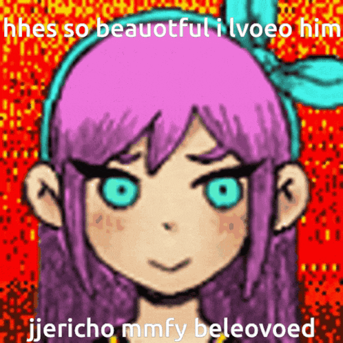 a drawing of a girl with purple hair and blue eyes with the caption hhe so beauotiful i lvoeo him