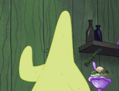 a cartoon character with a green beard and mustache is standing next to a bowl of ice cream