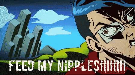 a cartoon of a man with glasses and the words feed my nipplesim