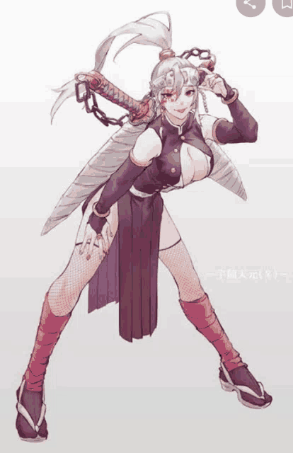 a drawing of a woman holding a sword with chinese writing on the bottom