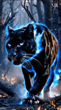 a black panther with blue eyes is walking through a forest surrounded by fire .