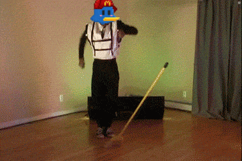 a man wearing a mcdonald 's hat and a backpack is dancing with a broom