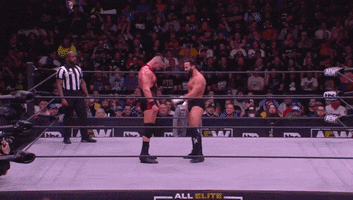 two wrestlers are fighting in a wrestling ring with a referee watching .