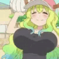 a close up of a cartoon character with huge breasts wearing a hat and gloves .