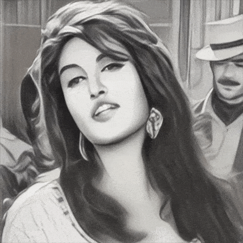 a black and white drawing of a woman with a man in the background