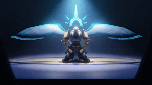 a robot with blue wings is kneeling in front of a light