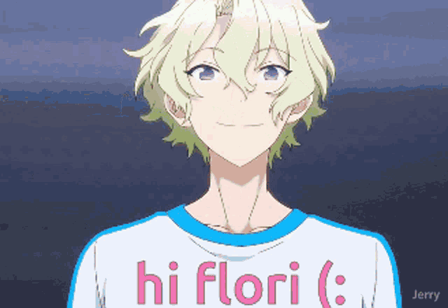 a boy with green hair is wearing a shirt that says hi flori on it