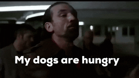 a man is saying that his dogs are hungry in front of a crowd of people .