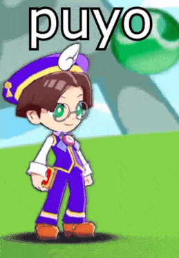 a boy with glasses and a purple hat is standing in front of a green ball that says puyo