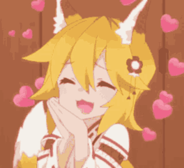 a girl with yellow hair and white horns is surrounded by pink hearts and smiling .