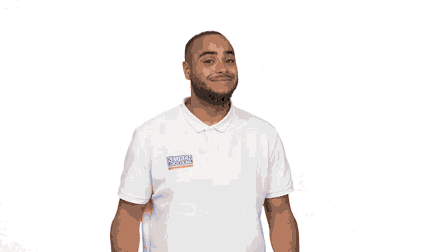 a man in a white shirt holds a cardboard box which says ' chicken ' on it