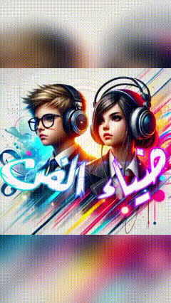a boy and a girl wearing headphones with arabic writing on them