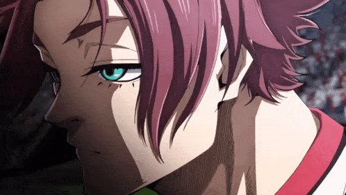 a close up of a person 's face with purple hair and blue eyes