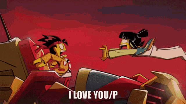 a cartoon of a man and woman hugging with the words " i love you / p " above them