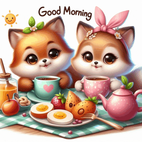 two foxes sitting at a table with cups of coffee and fruit and the words good morning written on the bottom