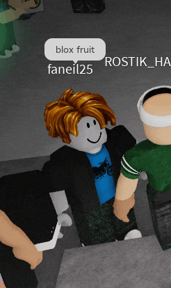 a roblox character with a speech bubble that says blox fruit faneil25 rostik_ha