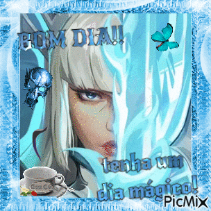 a picture of a woman with the words bom dia tenha um dia magico written on it