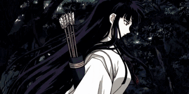a girl with long black hair is standing in front of a blue sky with lights coming out of it .