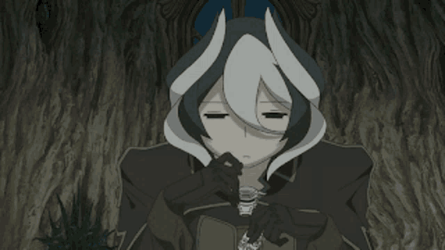 a black and white anime character with horns