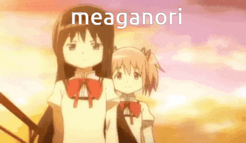 two anime girls are standing next to each other and the word meaganori is on the bottom left