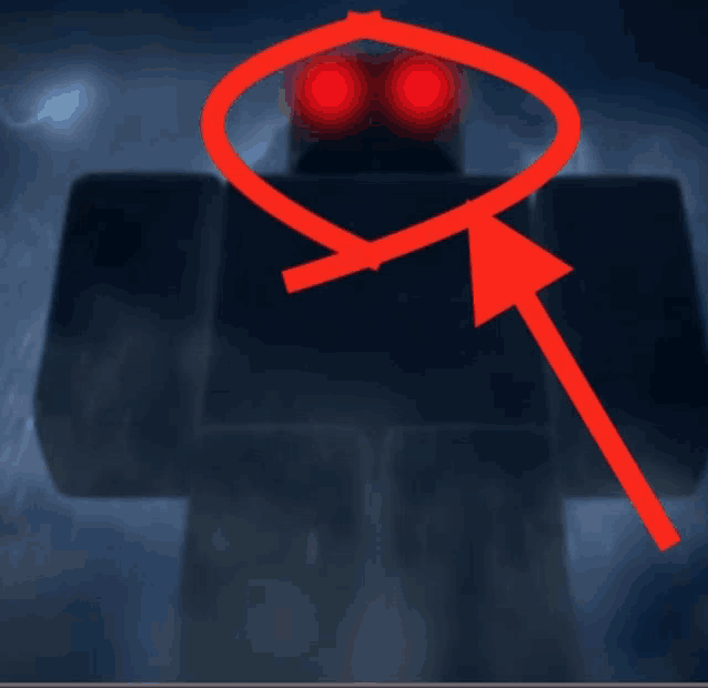 a red arrow pointing to a black robot with red eyes