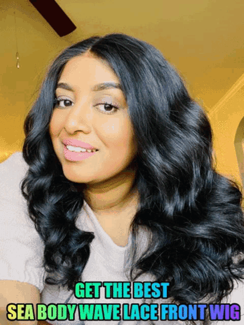 a woman wearing a lace front wig with the words get the best sea body wave lace front wig